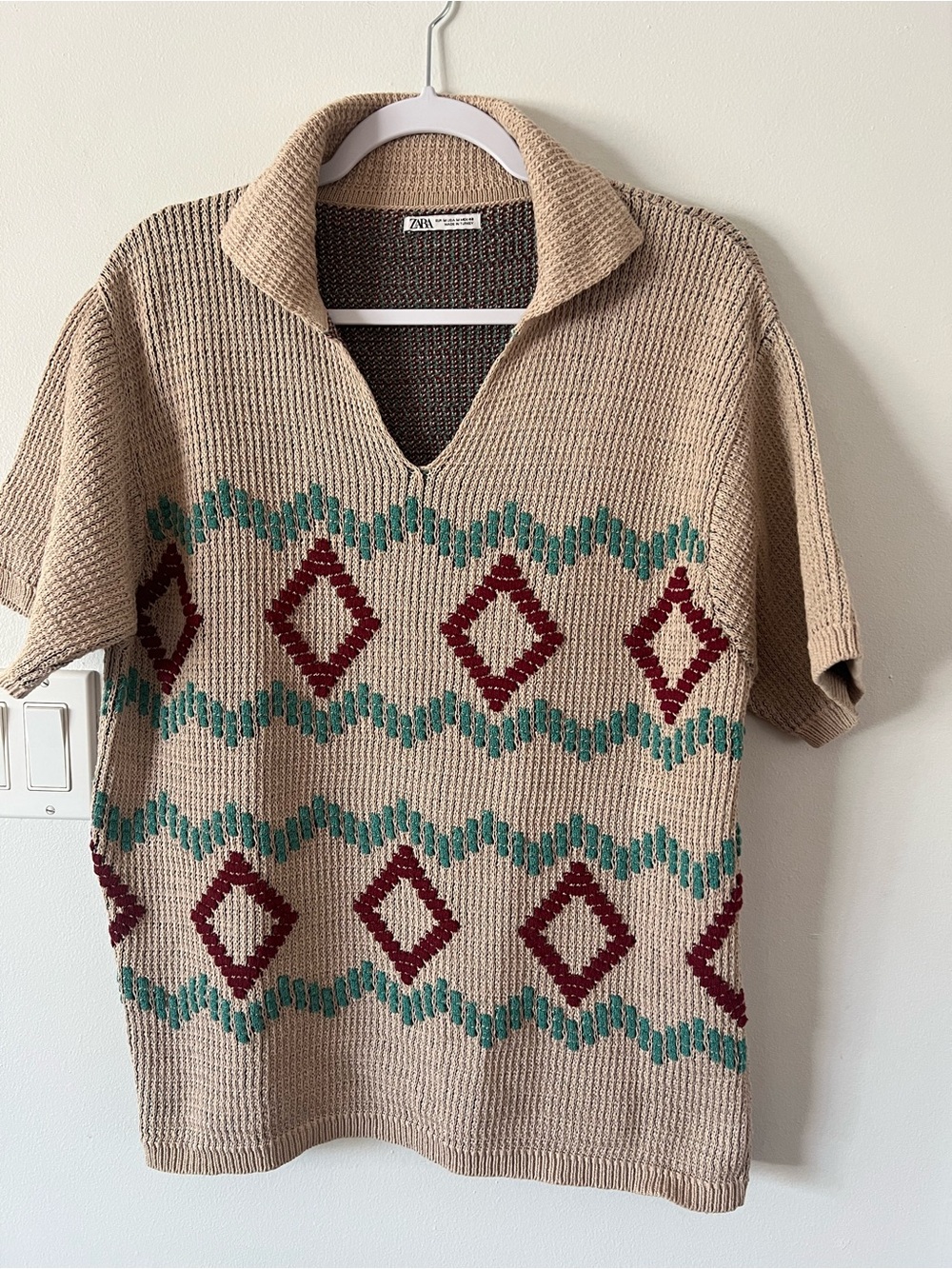 Zara Knit Polo Shirt Mens Medium M Aztec Design